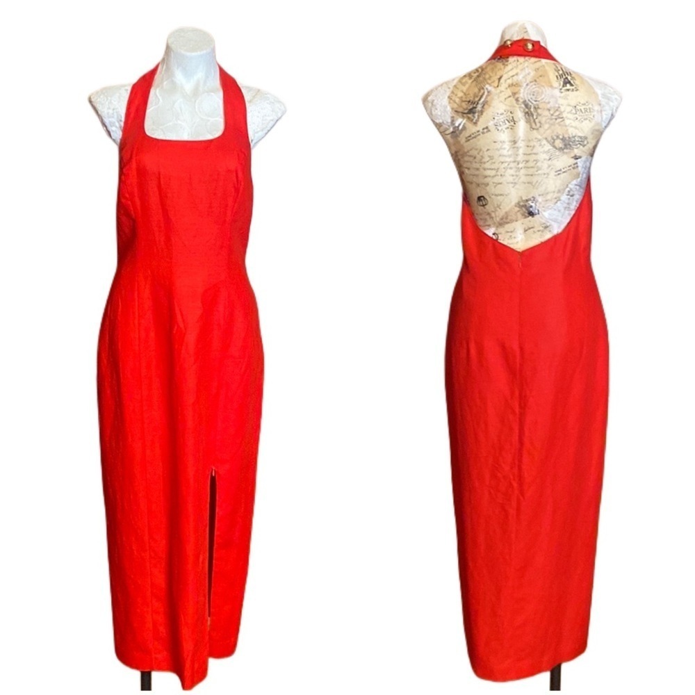 VTG 80s Geary Roark Kamisato Red Linen blend Backless Halter Maxi Dress sz 12 - Picture 1 of 13